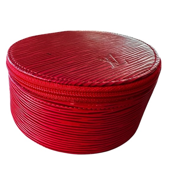 Authentic Louis Vuitton Red Epi Leather & Suede Round Jewelry Vanity Travel Case - Picture 8 of 15